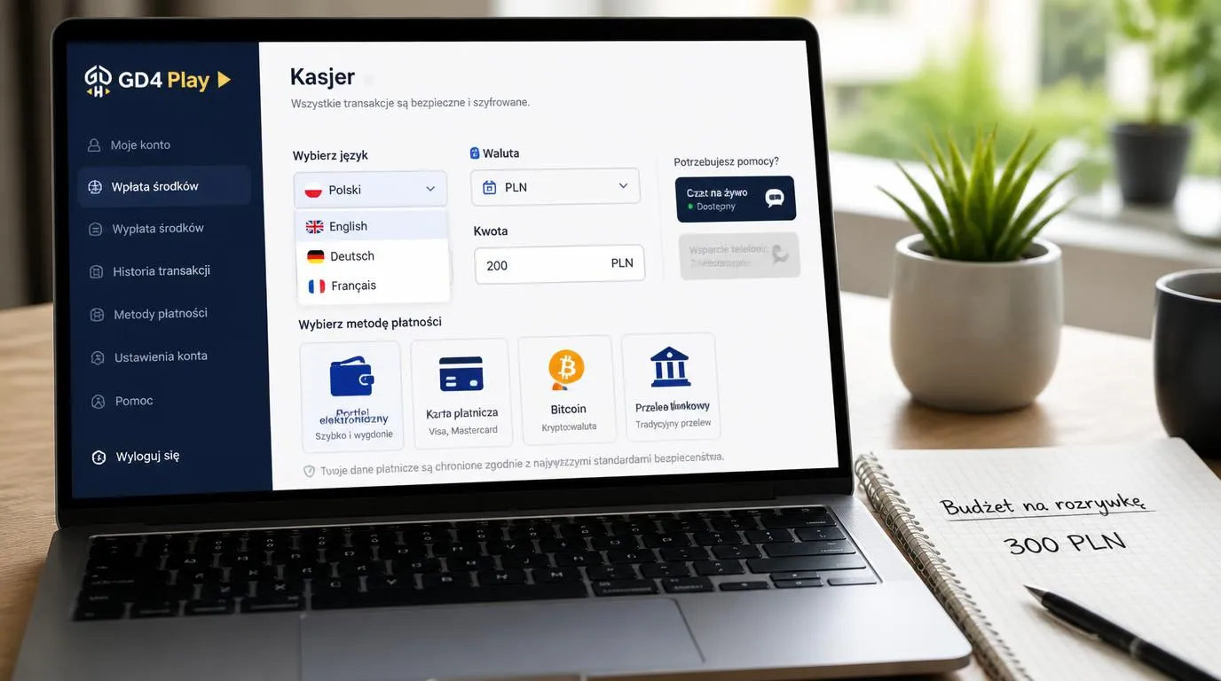 Panel kasy z wyborem języka polskiego, waluty PLN, metod płatności i przyciskiem czatu