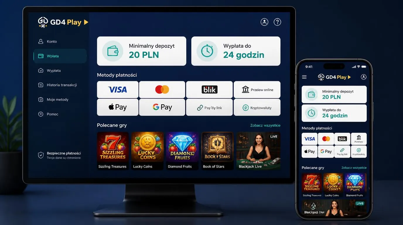 Panel kasyna z depozytem 20 PLN, wypłatą do 24 godzin oraz kafelkami automatów i gier z krupierem
